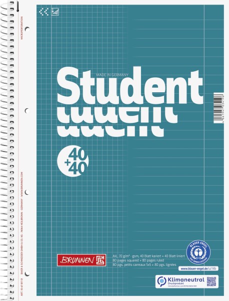 Collegeblock Student -DUO- Recycling A4 40 Blatt kariert, 40 Blatt liniert, jeweils mit Randlinie
